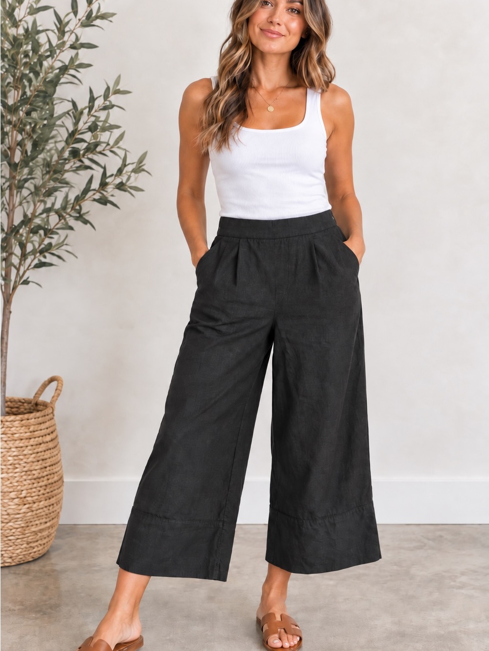 Banana Republic Black Linen Blend Wide Leg Cropped Pants Women's Size Small